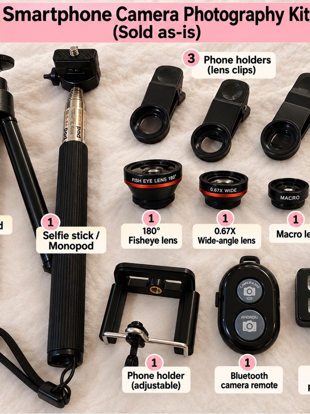 Unknown Brand Black Smartphone Camera Photography Kit with Lenses & Selfie Stick